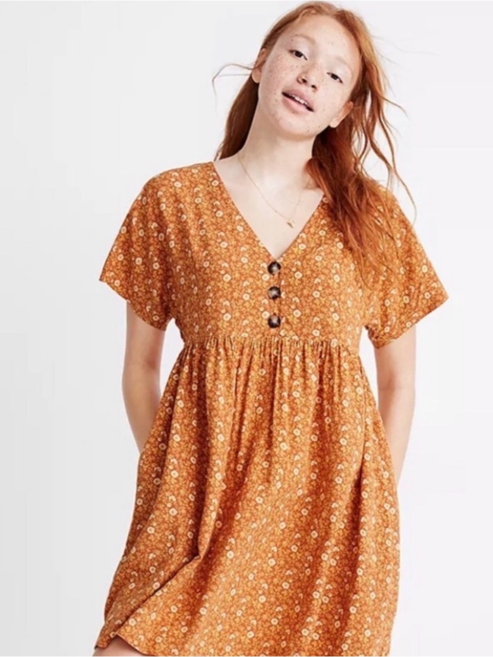 Madewell Rust Floral V-Neck Button Front dress